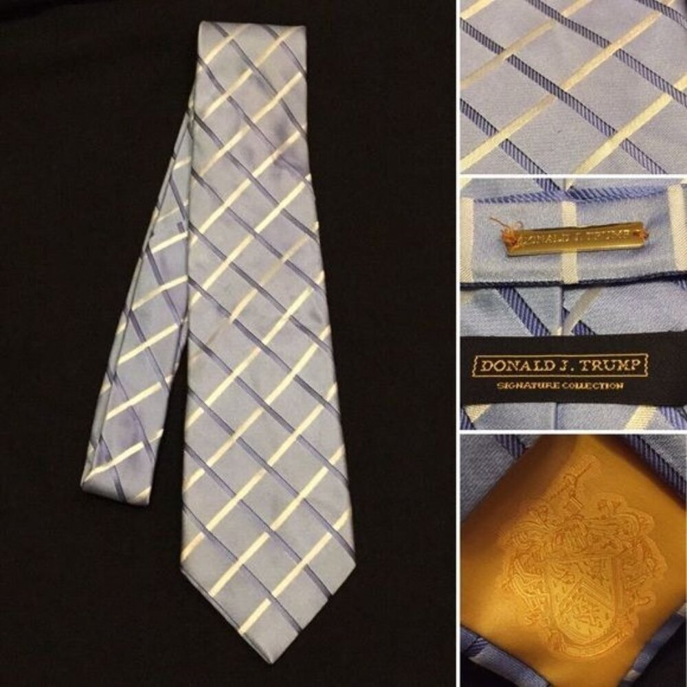 Donald J Trump Signature Collection Mens Silk Tie Necktie blue white check plaid